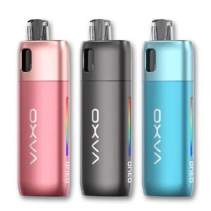 three OXVA ONEO Vape POD KIT in pink, sky blue and black with light pink cap top, small clear window and multicoloured light setting feature.