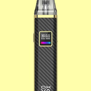 The OXVA Xlim Pro Pod Vape Kit in black and gold checker-ed pattern , with black refill cap top, small squared centre window screen and light setting feature.