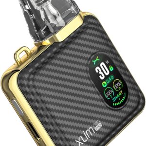 The Oxva Xlim SQ Pro Pod Vape Kit in black is a sleek and compact, slim rectangular shape with rounded edges. It has a metallic gold finish around the outer edge.